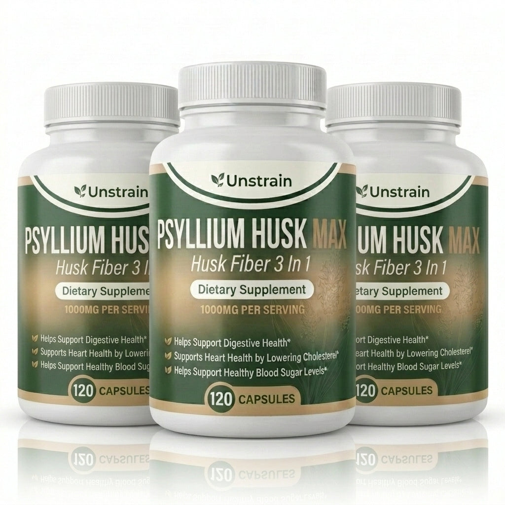 Unstrain 3-in-1 Psyllium Fiber MAX Capsules for Digestive, Heart & Blood Sugar Support