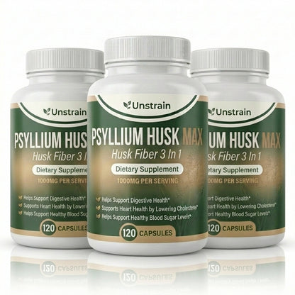 Unstrain 3-in-1 Psyllium Fiber MAX Capsules for Digestive, Heart & Blood Sugar Support