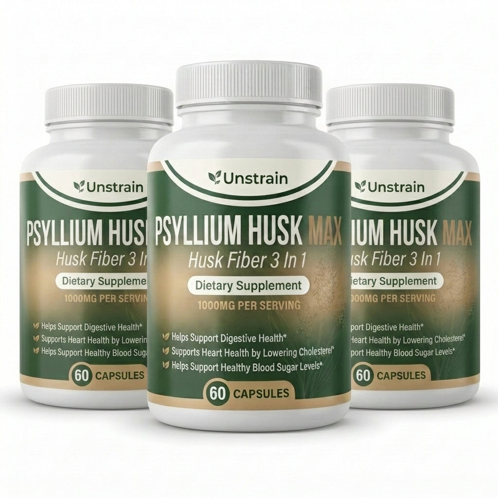 Unstrain 3-in-1 Psyllium Fiber MAX Capsules for Digestive, Heart & Blood Sugar Support