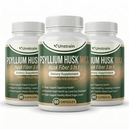Unstrain 3-in-1 Psyllium Fiber MAX Capsules for Digestive, Heart & Blood Sugar Support